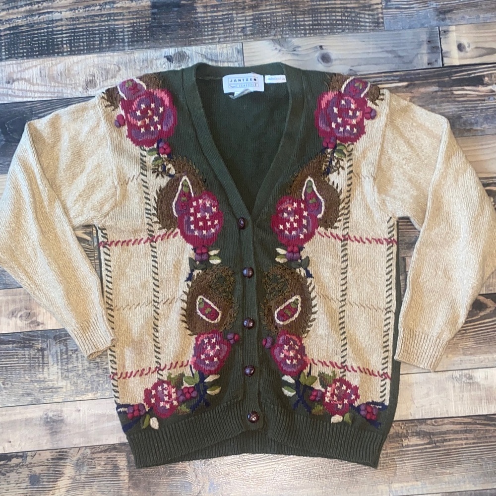 Vintage Jantzen Hand Embroidered Olive Trim Beige Cardigan with Pink Floral
